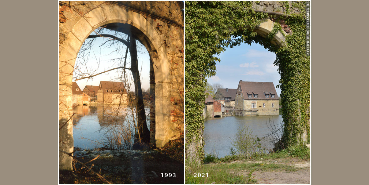 Blick durch das Tor an der Dreibogenbruecke Damals und Heute