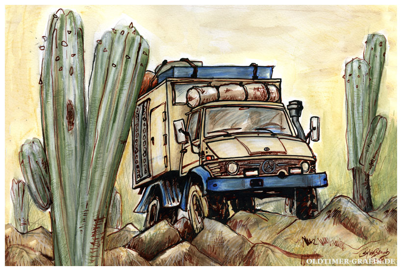 Unimog Globetrotter on Tour in der Wüste Illustration Sylvia Steinhoff Mog Art Zeichnung