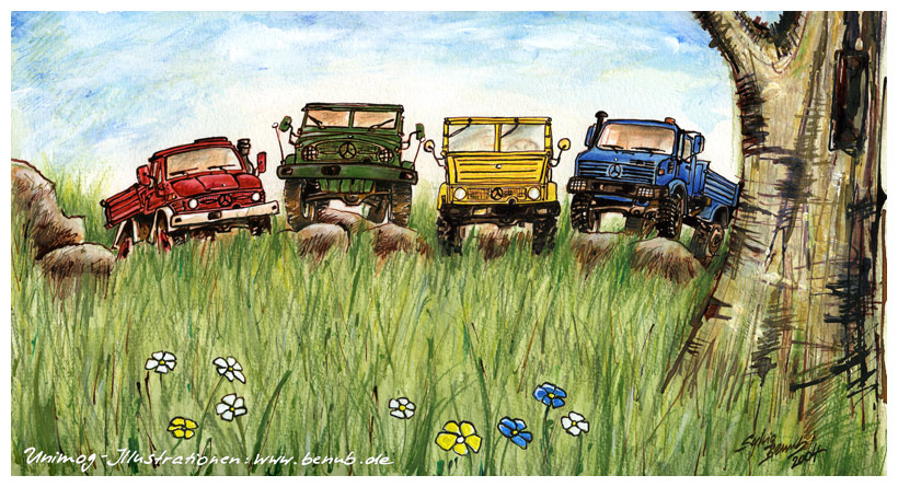 Illustration für eine Wiking Modellpackung Unimog Museum Sylvia Steinhoff geb. Benub