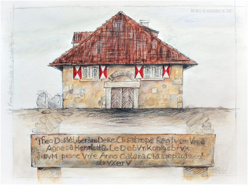Inschrift an der Kornwassermühle der Burg Kakesbeck, Illustration von Sylvia Steinhoff geb. Benub