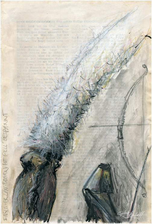 Englischer Langbogen mit Fell bespannt, Illustration von Sylvia Steinhoff geb. Benub