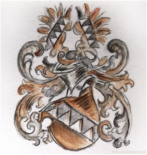 Wappen am Soldatenhaus der Burg Kakesbeck, Illustration von Sylvia Steinhoff geb. Benub